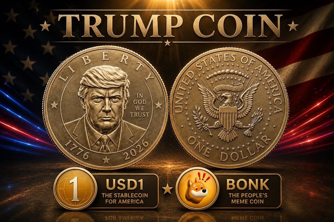 Trump Coin obverse and reverse with USD1 and BONK badges
